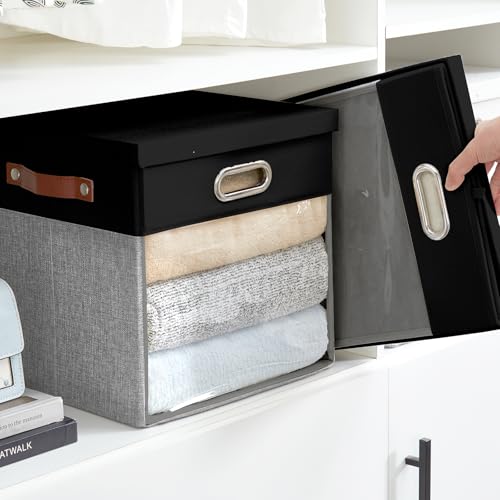 11x11 Inch Ultra Thick Fabric Storage Bins with Lids & Windows (Black&Gray / 11"L x 11"W x 11"H)