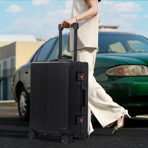 24Inch All Aluminum Check In Luggage Heavy Duty Hard Shell Suitcases with Spinner Wheels (Black / 24-Inch)