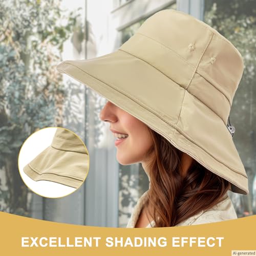 Sun Hats for Women Wide Brim Ponytail UV Protection Beach Hat Packable Waterproof Bucket Hat for Travel Hiking Gardening (Khaki)