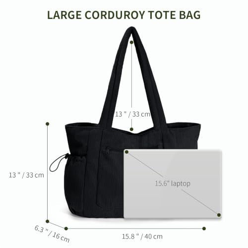 Oversize Work Tote Bag for Women with 40oz Cup Holder Corduroy Laptop Tote Teacher Nurse Bag for Office College Travel Black (Black)