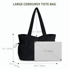 Oversize Work Tote Bag for Women with 40oz Cup Holder Corduroy Laptop Tote Teacher Nurse Bag for Office College Travel Black (Black)