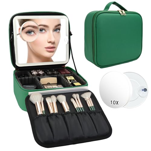 Travel Makeup Bag with LED Mirror and 10x magnifying glass with 3 Lighted Settings (Dark Green / With LED Mirror and 10x Magnifying Glass)