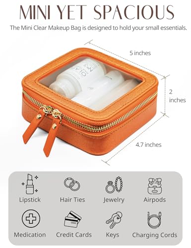 Clear Makeup Bag with Zipper Small Travel Cosmetic Case Orange Mini Pouch for Purse Accessories Car Storgae Essentials Bag Purse Pouch Organizer Compact Small Clear Toiletry Bag for Traveling (Orange / Mini Chic)