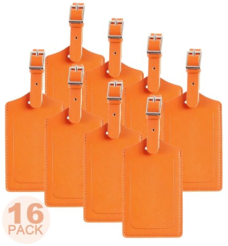 16 Pack Luggage Tags Faux Leather for Suitcases Travel Bag Labels with Protection Cover ID (Orange)