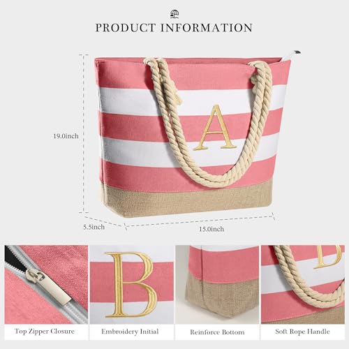Initial Beach Bag Tote Bag for Women (G / Pink)