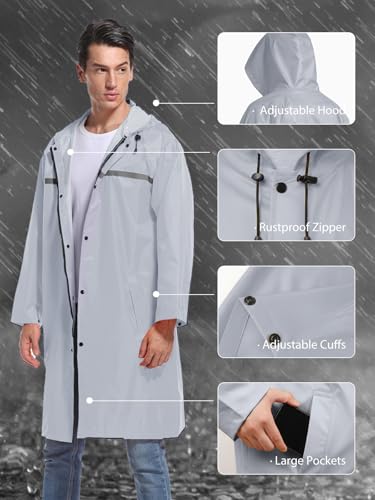 Mens Long Hooded Safety Rain Jacket Waterproof Emergency Raincoat Poncho (Medium / Grey)