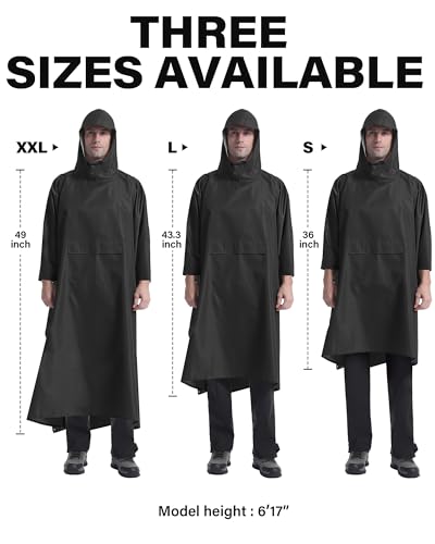 Hooded Rain Poncho Packable Waterproof Unisex Raincoat with Pocket (XX-Large / Black)