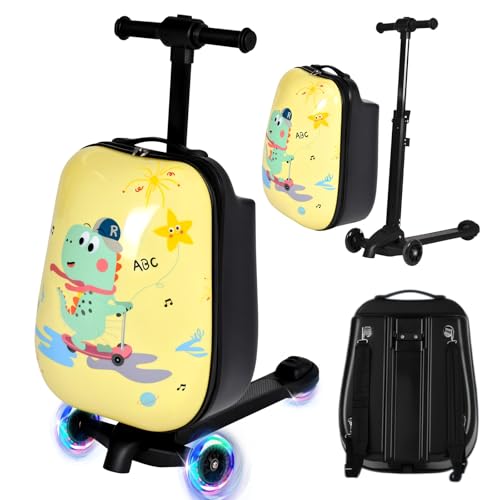 4-in-1 Dinosaur Scooter Luggage for Kids, Detachable Ride-On Suitcase (Yellow / 22-inch)