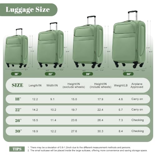 4 Piece Expandable Luggage Set (Softside Luggage(22/26/30) / Light Green+18IN)