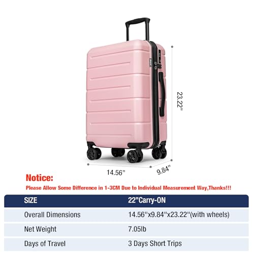 Carry On Luggage 22x14x9 Airline Approved Hardshell Carry On Suitcases with Wheels Travel Rolling 20 Inch Luggage with Cup Holder for Women (Light Pink / Carry-On 22-Inch（non-expandable）)