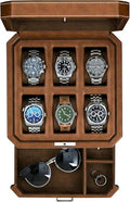 6 Slot Leather Watch Box with Valet Drawer (6 Slot - Tan / Brown)