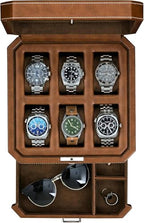 6 Slot Leather Watch Box with Valet Drawer (6 Slot - Tan / Brown)