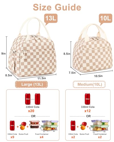 Lunch Bag for Women Cute Corduroy Lunch Tote Bags with Shoulder Strap Reusable Insulated Lunch Box Large Capacity Reusable Insulated Cooler for Work Picnic or Travel (A Corduroy checkered brown / 13L)