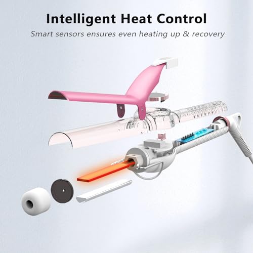 1 Inch Long Barrel Digital Ceramic Curling Wand with Auto Shut Off and Dual Voltage for All Hair Types (1" Pink&White)