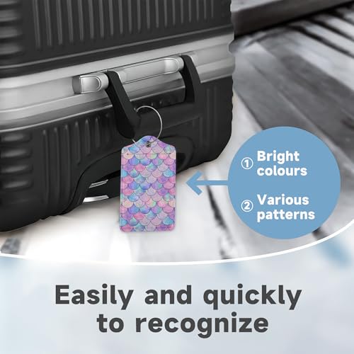 Set of 2 Luggage Tag for Suitcases LeatherMermaid Fish Scale Wave Tags with Stainless Steel Loop Privacy Name ID Card Cover Travel Bag Labels Set for Women Men Kids Girls (Mermaid Fish Scale Wave)
