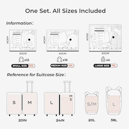 Vacuum Bags for Clothing Travel with Rechargeable Air Pump (15 Combo+Pump)