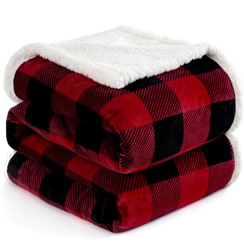 Sherpa Fleece Throw Blanket 80" x 90" Reversible Plush Fluffy Large Big Blanket Lattice Flannel Blankets for All Season Use (Red and Black / 80"*90")