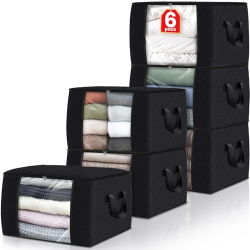 6 Pack Storage Bags for Clothes Blanket Storage Bins with Lids (6 Pack-60l / Black)