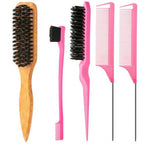 5pcs Boar Bristle Slick Back Hair Brush Set (pink)