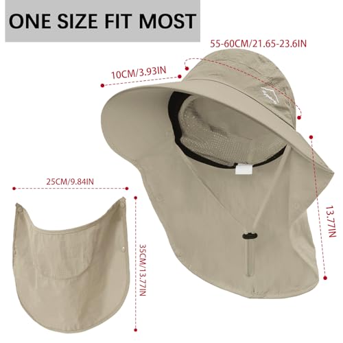 Sun Hat for Men Women with Neck Flap& Removable Face Cover Wide Brim (1pack-khaki)