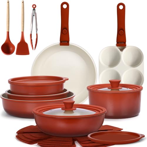 21PCS Pots and Pans Set Nonstick Cookware Set with Detachable Handle (Red Black Gradient / 21PCS)
