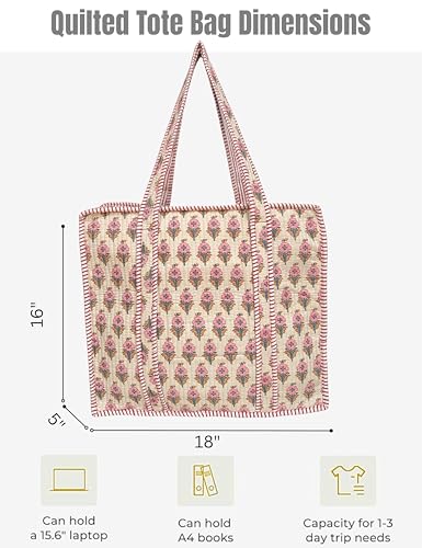 100% Cotton Quilted Tote Bag For Women (Clam Up Blossom Pink Block Print)
