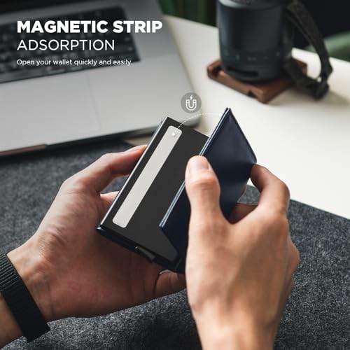 Pop up Card Wallet Minimalist Cash Wallets RFID Blocking Leather Smart Credit Card Holder with ID window for Men (Top-Grain Cowhide Blue)
