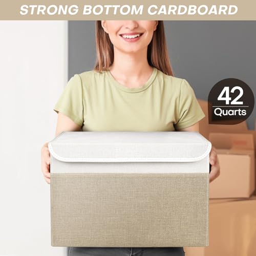 Large 42 Quarts Fabric Storage Bins with Lids [2 (Beige & White / Large - 2 Pack)