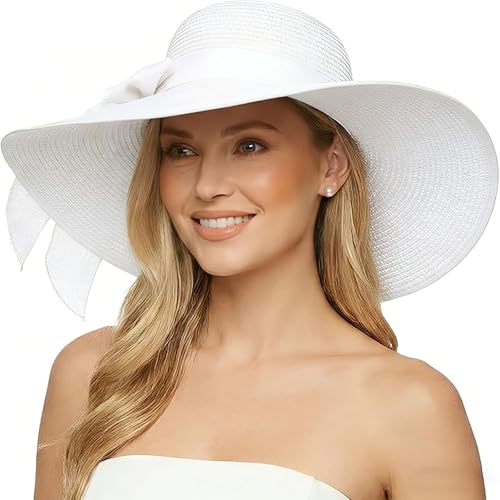 Womens Big Bowknot Straw Hat Foldable Sun Hats Floppy Beach Hat Large Roll up Cap UPF 50+ (White / 5.5" Brim, 1 Pack)