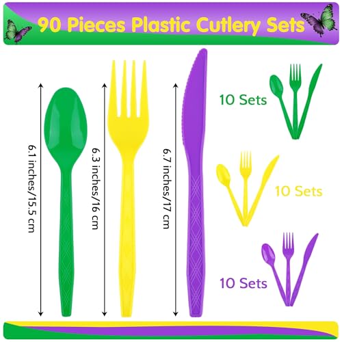 90 Pieces Mardi Gras Plastic Cutlery Set (Purple, Yellow, Green)