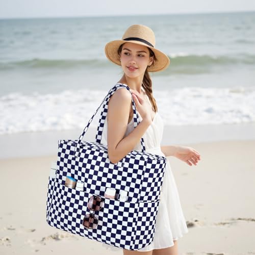 Waterproof Beach Tote Pool Bags for Women Ladies Extra Large Carry On Bag With Wet Compartment for Weekender Travel (Dark Blue White Checkered)