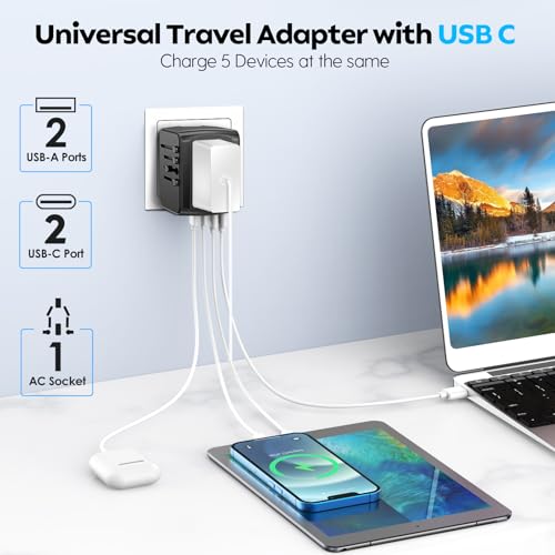 Universal Travel Plug Adapter 5 in 1 Charger (2TYPE C+2USB-Grey black)