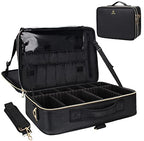 Makeup Case Large Makeup Bag Professional Train Case 16.5 inches Travel Cosmetic Organizer Brush Holder Waterproof Makeup Artist Storage Box (Large / Black Leather)