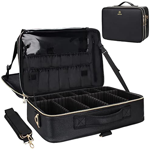Makeup Case Large Makeup Bag Professional Train Case 16.5 inches Travel Cosmetic Organizer Brush Holder Waterproof Makeup Artist Storage Box (Large / Black Leather)