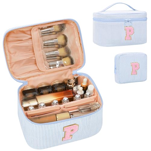 Personalized Initial Makeup Bag for Women Teen Girls (Blue)
