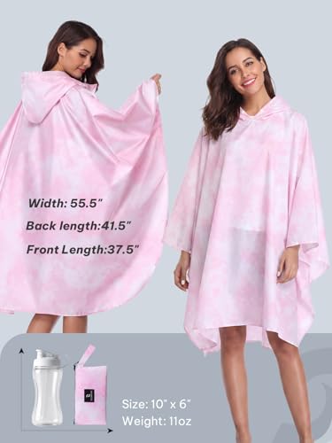 Adult Rain Poncho Waterproof Hooded Zipper Raincoat with Pockets (One Size / Tie-dye Pink)