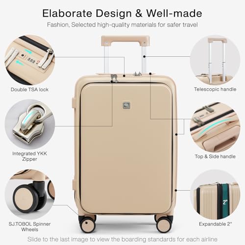 Grace Carry On Luggage with Wheels Airline Approved Hard Shell Suitcases with Front Pocket (Cuban Sand / 20 Inch-2)