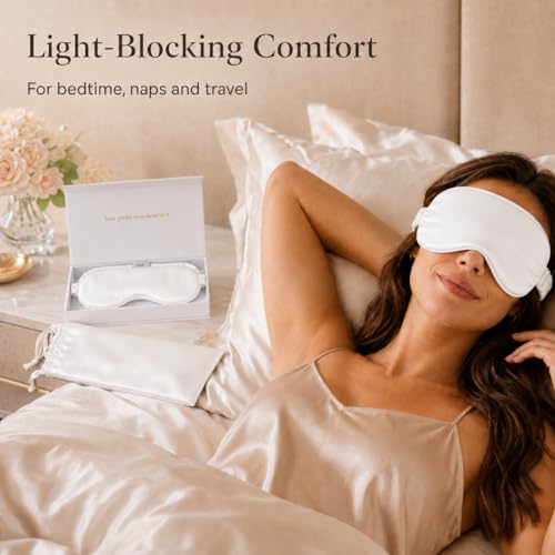 Silk Sleep Mask Light Blocking Luxury 100% Mulberry 19mm Silk Eye Mask Eye Cover Blindfold Ultra Soft Light & Comfy Anti Aging Skin Care with Travel Bag Gift Package (White)