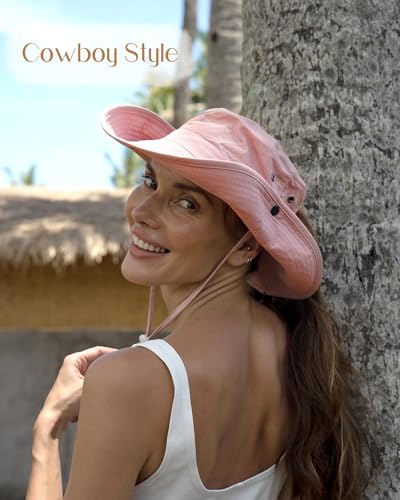Sun Hats for Women Ponytail Wide Brim Summer Packable Cowboy Hat (One Size / Pink)