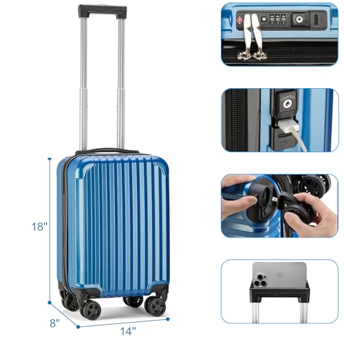 Personal Item Suitcase 18x14x8 Inches Hardside Built In TSA Lock & USB Port Lightweight Luggage Silent Double Spinner Wheels Maximum Underseat Carry (Royal Blue)