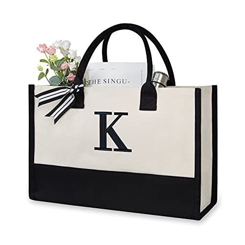 Embroidery Initial Canvas Tote Bag (Black & White / K)