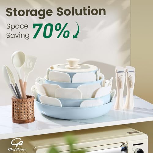 Ceramic Nonstick Pots and Pans Set 19 Piece with Detachable Handle (Light Blue)