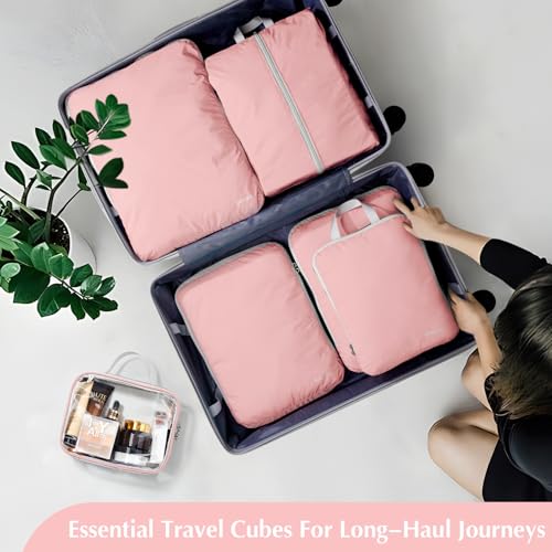 6 Piece Compression Packing Cubes with Shoe Bag (6-Pink / 6 Set)