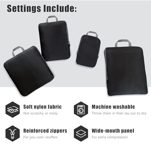 4 Set Compression Packing Cubes Travel (Black)