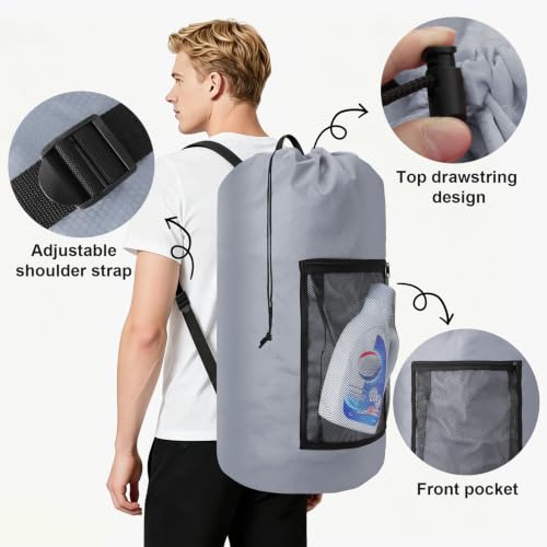 Laundry Bag Backpack Durable Laundry Bag with Shoulder Straps and Mesh Pockets Portable Laundry Hamper Dirty Clothes Bag for College (Gray / 1 Pack)