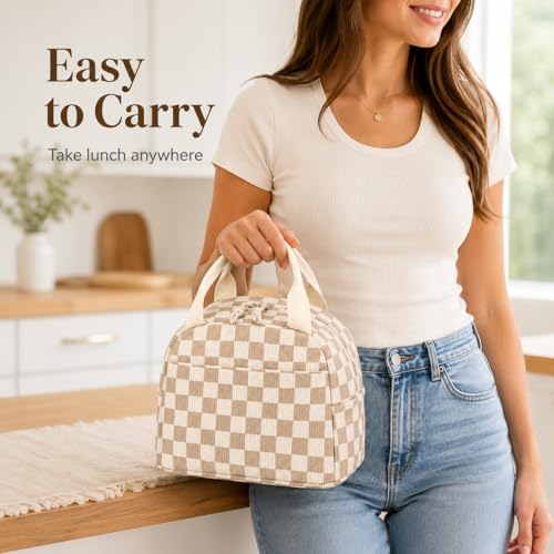 Lunch Bag for Women Cute Corduroy Lunch Tote Bags with Shoulder Strap Reusable Insulated Lunch Box Large Capacity Reusable Insulated Cooler for Work Picnic or Travel (A Corduroy checkered brown / 13L)