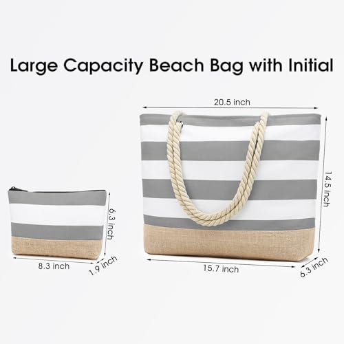 Beach Bag Initial Beach Tote with Makeup Bag for Travel (Light Grey / Plain)