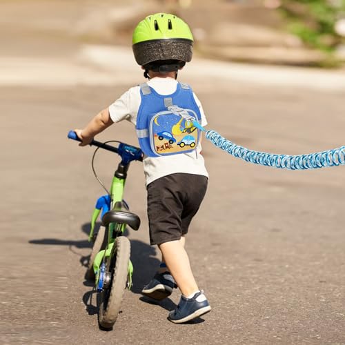 Toddler Harness Leash + Reflective Anti Lost Wrist Link (Blue/Car & Excavator)