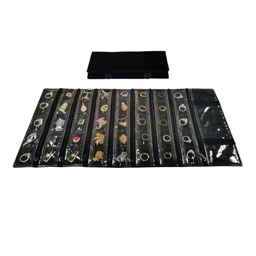 Travel Jewelry Roll Bag Portable Organizer Pouch With Grids&PVC Cover Storage Bags for Necklace (Black Velvet 40 Grids)