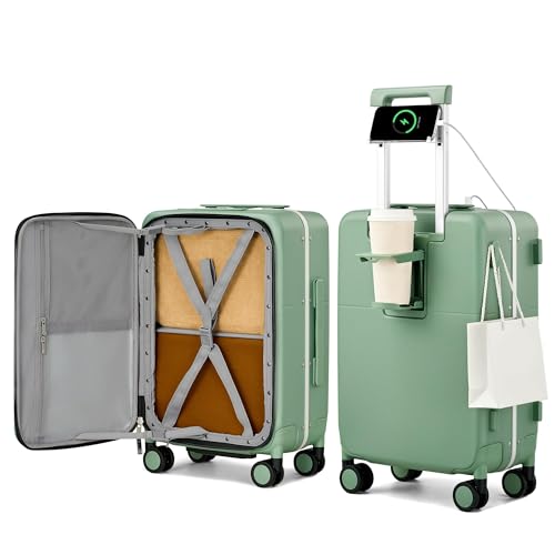 20 Inch Top Opening Carry On Luggage with Cup Holder and USB Ports (Forest Green / 20 Inch Pro)